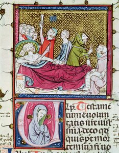Ms 3076 fol.56r Uomo morente circondato da dottori e familiari, che detta il suo testamento, da 